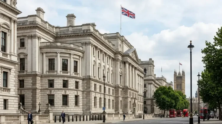 AI-generated illustration of UK government buildings in Whitehall, London, with Westminster visible in the distance.