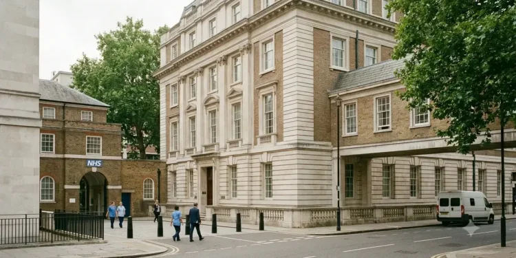 AI-generated illustration of a UK government health administration building with NHS staff nearby.
