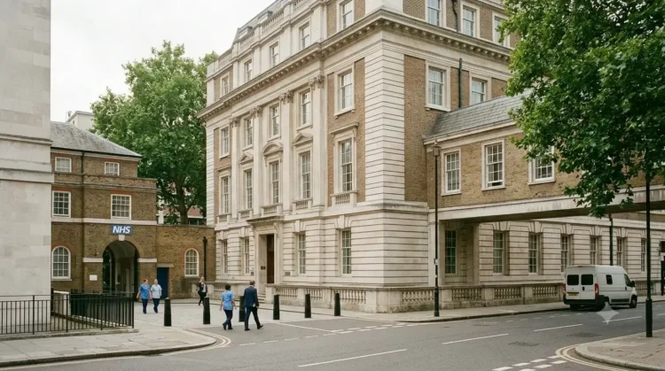 AI-generated illustration of a UK government health administration building with NHS staff nearby.