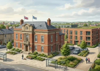AI-generated illustration of a UK local government building beside new housing and an established residential community.