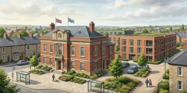 AI-generated illustration of a UK local government building beside new housing and an established residential community.