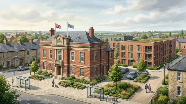 AI-generated illustration of a UK local government building beside new housing and an established residential community.
