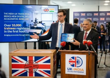 AI-generated illustration of UK and Indian representatives marking the start of the UK-India Free Trade Agreement.