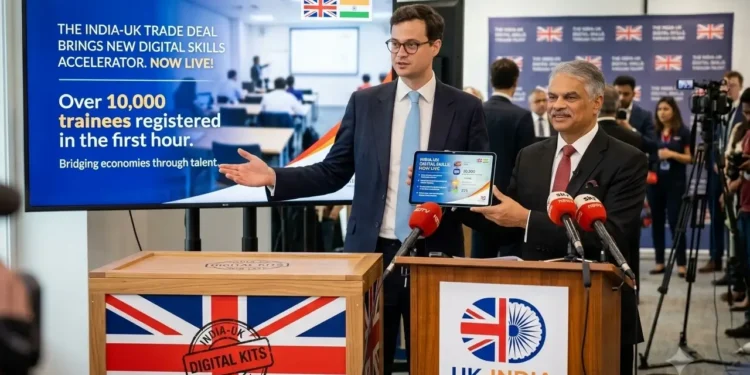 AI-generated illustration of UK and Indian representatives marking the start of the UK-India Free Trade Agreement.