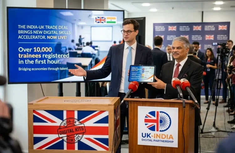 AI-generated illustration of UK and Indian representatives marking the start of the UK-India Free Trade Agreement.