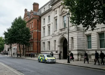 AI-generated illustration of a British Crown Court with a police vehicle and legal professionals outside.