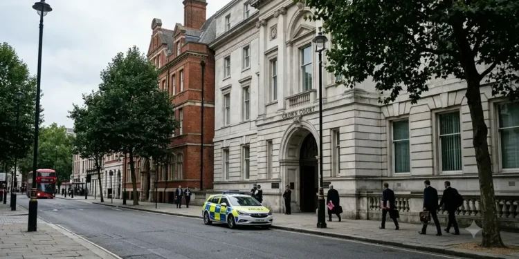 AI-generated illustration of a British Crown Court with a police vehicle and legal professionals outside.