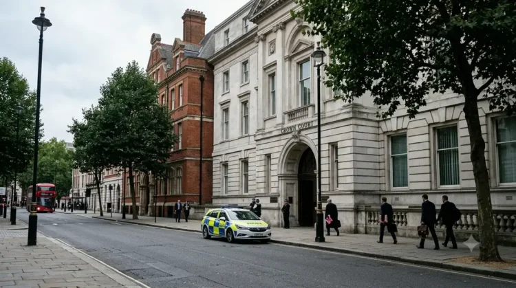AI-generated illustration of a British Crown Court with a police vehicle and legal professionals outside.