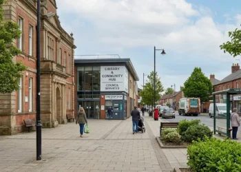AI-generated photograph-style image of a UK town centre with council offices, a community hub and local public services.