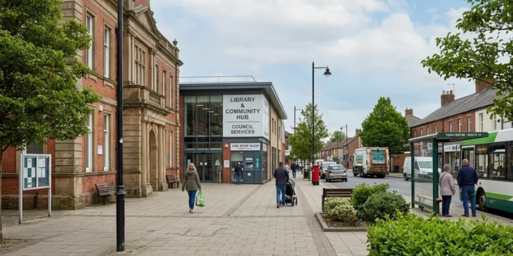 AI-generated photograph-style image of a UK town centre with council offices, a community hub and local public services.