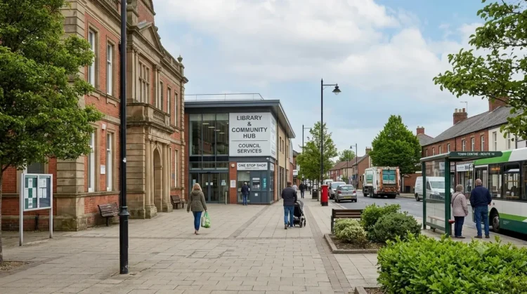 AI-generated photograph-style image of a UK town centre with council offices, a community hub and local public services.