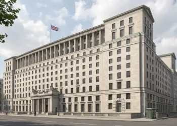 AI-generated illustration of the UK Ministry of Defence headquarters in Whitehall, London.