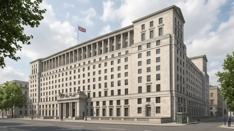 AI-generated illustration of the UK Ministry of Defence headquarters in Whitehall, London.