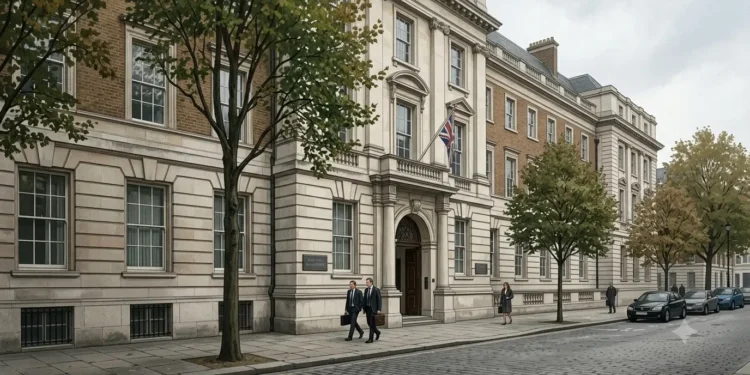 AI-generated illustration of a UK Ministry of Justice government building in London with officials outside.