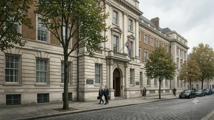 AI-generated illustration of a UK Ministry of Justice government building in London with officials outside.
