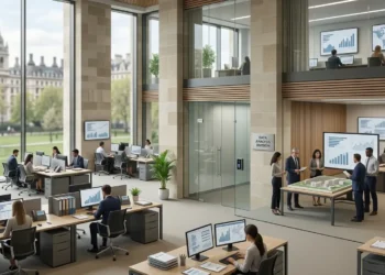 AI-generated illustration of analysts working with economic, population and labour-market data in a modern UK statistics office.