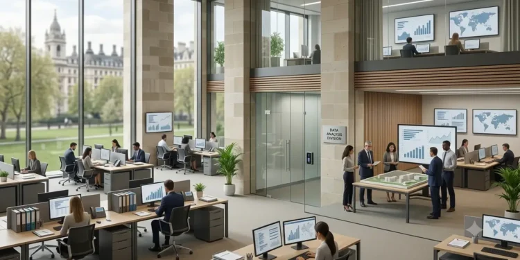 AI-generated illustration of analysts working with economic, population and labour-market data in a modern UK statistics office.