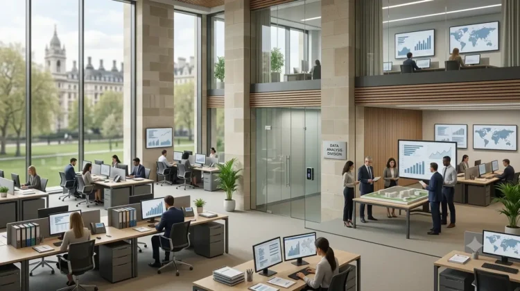 AI-generated illustration of analysts working with economic, population and labour-market data in a modern UK statistics office.