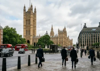 AI-generated photograph-style image of the Palace of Westminster with officials walking through the parliamentary district in London.