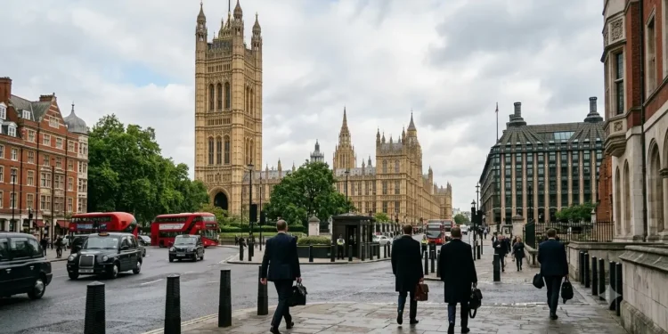 AI-generated photograph-style image of the Palace of Westminster with officials walking through the parliamentary district in London.