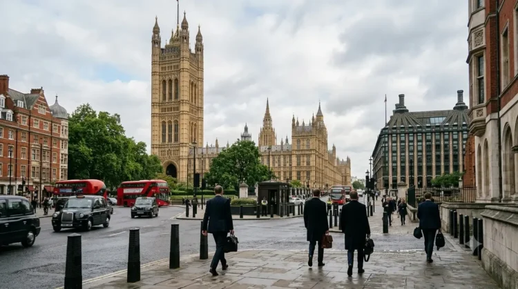 AI-generated photograph-style image of the Palace of Westminster with officials walking through the parliamentary district in London.