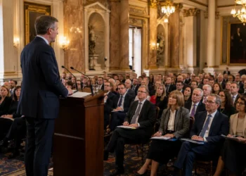 AI-generated photograph-style image of a UK government minister addressing pension providers, regulators and industry representatives.
