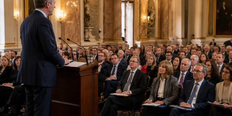 AI-generated photograph-style image of a UK government minister addressing pension providers, regulators and industry representatives.