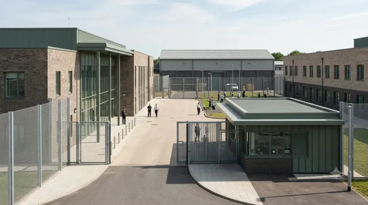 AI-generated photograph-style image of a secure UK prison and rehabilitation complex with staff and supervised residents.
