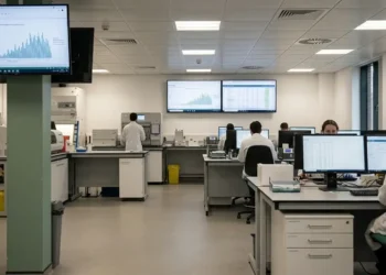 AI-generated photograph-style image of UK public health scientists monitoring laboratory surveillance and disease data.