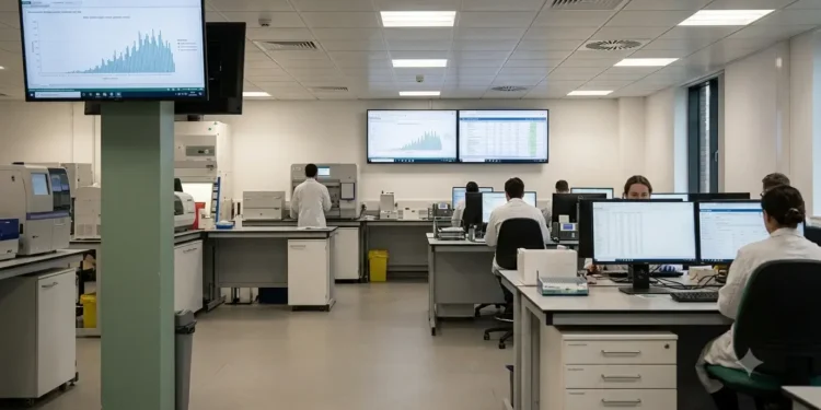 AI-generated photograph-style image of UK public health scientists monitoring laboratory surveillance and disease data.