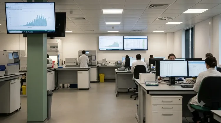 AI-generated photograph-style image of UK public health scientists monitoring laboratory surveillance and disease data.