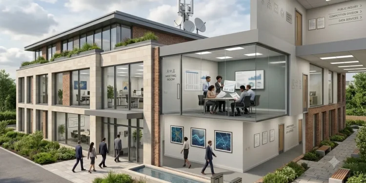 AI-generated illustration of an independent UK regulatory office with analysts reviewing public-service and competition data.