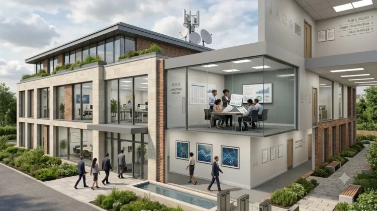 AI-generated illustration of an independent UK regulatory office with analysts reviewing public-service and competition data.