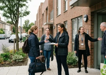AI-generated photograph-style image of housing support workers welcoming adults into secure accommodation in a UK neighbourhood.
