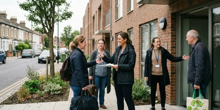 AI-generated photograph-style image of housing support workers welcoming adults into secure accommodation in a UK neighbourhood.