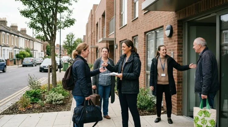 AI-generated photograph-style image of housing support workers welcoming adults into secure accommodation in a UK neighbourhood.