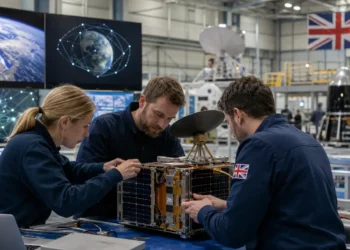 AI-generated photograph-style image of British engineers assembling and testing a small satellite in a UK space technology facility.