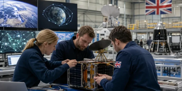 AI-generated photograph-style image of British engineers assembling and testing a small satellite in a UK space technology facility.