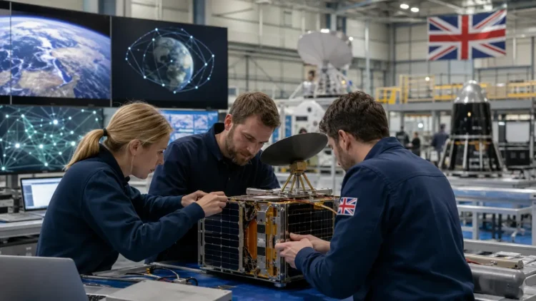 AI-generated photograph-style image of British engineers assembling and testing a small satellite in a UK space technology facility.