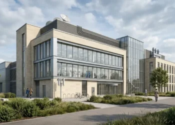 AI-generated illustration of a modern UK science and technology research facility with laboratories and communications equipment.