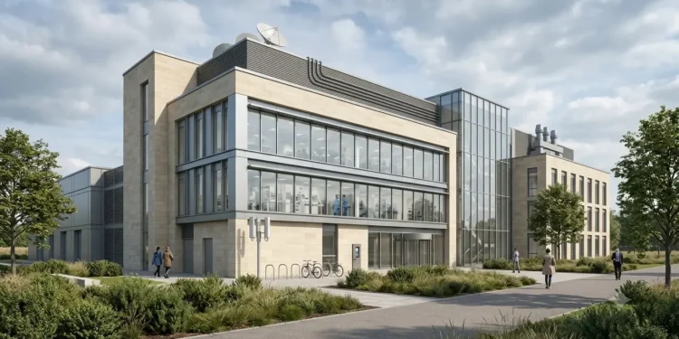 AI-generated illustration of a modern UK science and technology research facility with laboratories and communications equipment.