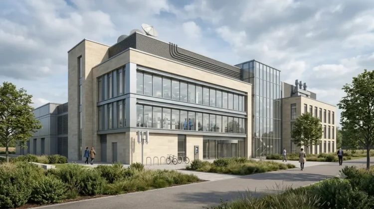 AI-generated illustration of a modern UK science and technology research facility with laboratories and communications equipment.