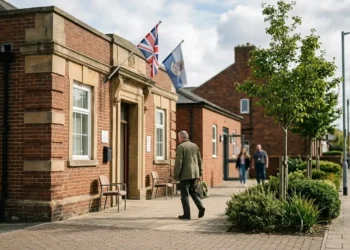 AI-generated photograph-style image of a veteran approaching a community support centre displaying British and armed forces flags.