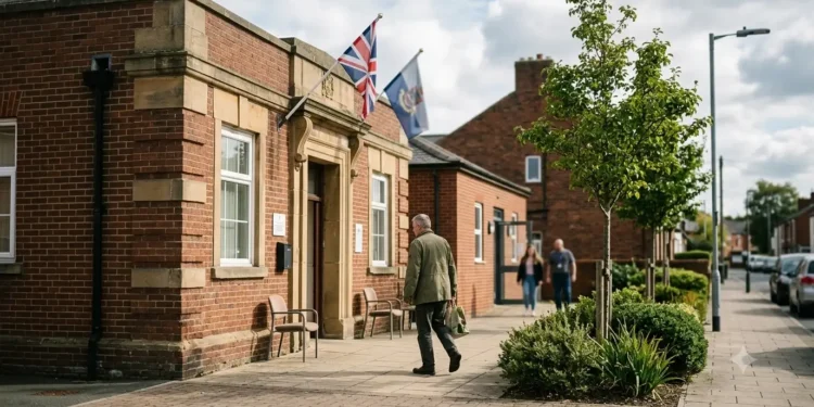 AI-generated photograph-style image of a veteran approaching a community support centre displaying British and armed forces flags.