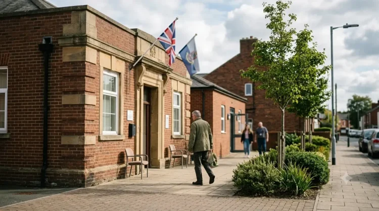 AI-generated photograph-style image of a veteran approaching a community support centre displaying British and armed forces flags.