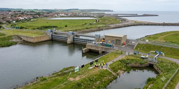 AI-generated photograph-style image of UK flood-control and coastal water infrastructure with engineers inspecting the site.