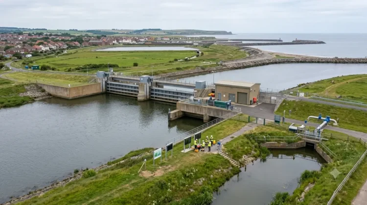 AI-generated photograph-style image of UK flood-control and coastal water infrastructure with engineers inspecting the site.
