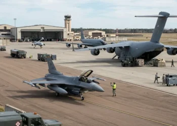 AI-generated photograph-style image of US Air Force fighter, transport, tanker and remotely piloted aircraft operating at an airbase.
