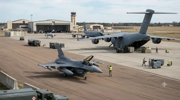 AI-generated photograph-style image of US Air Force fighter, transport, tanker and remotely piloted aircraft operating at an airbase.