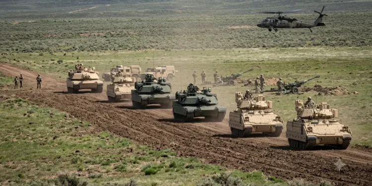 AI-generated photograph-style image of US Army soldiers, armored vehicles, artillery and a helicopter during a field exercise.